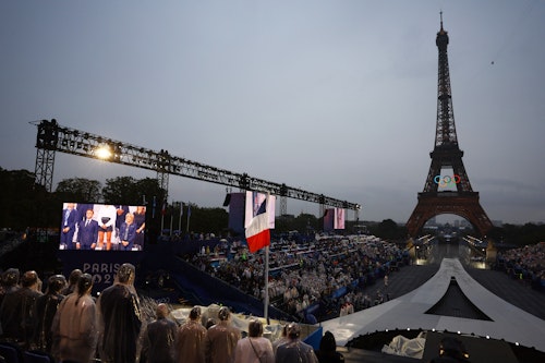 Water and light shows amid drizzle