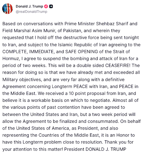 Ông Trump đồng ý tạm ngừng 'ném bom và tấn công Iran' trong 2 tuần.
