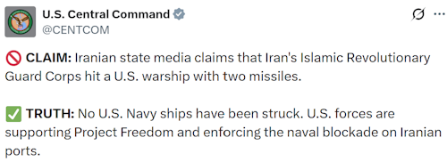  US Central Command says no US navy ships have been struck 
