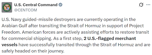  Two US merchant vessels have crossed through Hormuz, CENTCOM says 