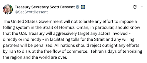 US will target any actors involved in facilitating tolls for Hormuz, Bessent says 